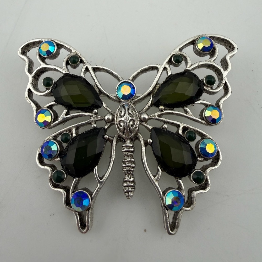 1928 AB‎ Butterfly Brooch OS Silver Tone Green Excellent AB Rhinestone Statement
